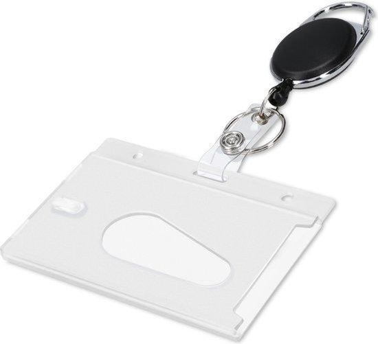 Transparante badgehouder met zwarte intrekbare clip en sleutelring.