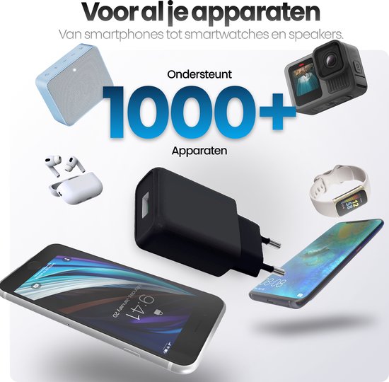 Lader en diverse apparaten zoals smartphones, oordopjes, smartwatch en GoPro. Ondersteunt 1000+ apparaten.