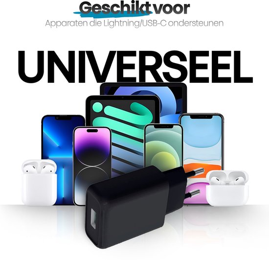 Zwarte oplader omringd door diverse smartphones en witte oordopjes. Geschikt voor universele apparaten.