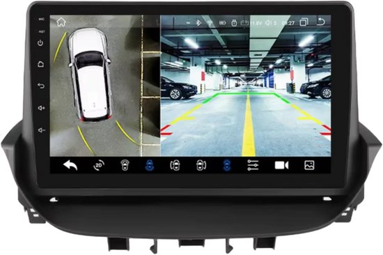 Autoradio met camerasysteem dat achteruitkijk- en parkeerbeelden toont.