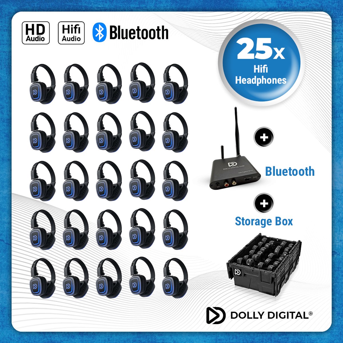 Silent Disco Pro Box 25 +Bluetooth | 25 HiFi Headsets FD-Pro, Bluetooth zender T80-Pro, Storage Box | DOLLY DIGITAL©