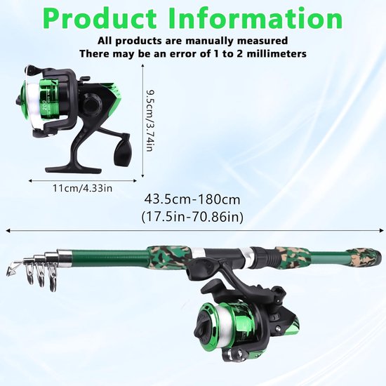 Vishengel Set Voor Beginners - Kindervishengel met molen en aas - Kindervisset - Kindervisset - - 1,8 m telescopische hengel en molen van koolstofvezel - Visset - Karpervisset met zacht aas - Camo Green — afbeelding 5