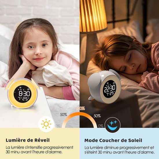 Kinderwekker, educatieve dag-/nachtwekker voor kinderen met 15-kleuren nachtlampje, snoozefunctie, 2 alarmen, weekdag-/weekendmodus, digitale wekker voor meisjes en jongens — afbeelding 2