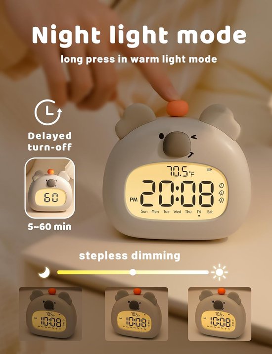 Koala-wekker met ontspannende werking, nachtlampje in de vorm van een bos, snel opladen via USB-C, 3 alarmen en timer, mindfulness-slaapkamerdecoratie, cadeau voor jongens en meisjes, tennisbal van Luminovum — afbeelding 3