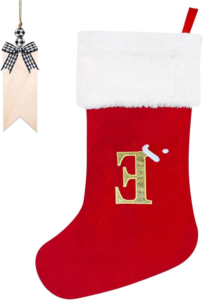 Rode pluche kerstkous van 50 cm met gepersonaliseerd monogram en naamplaatje voor kerstboomdecoratie.