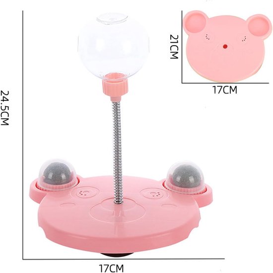 Roze verende bal met twee voerbakjes en een rond onderstel, berenvormig.