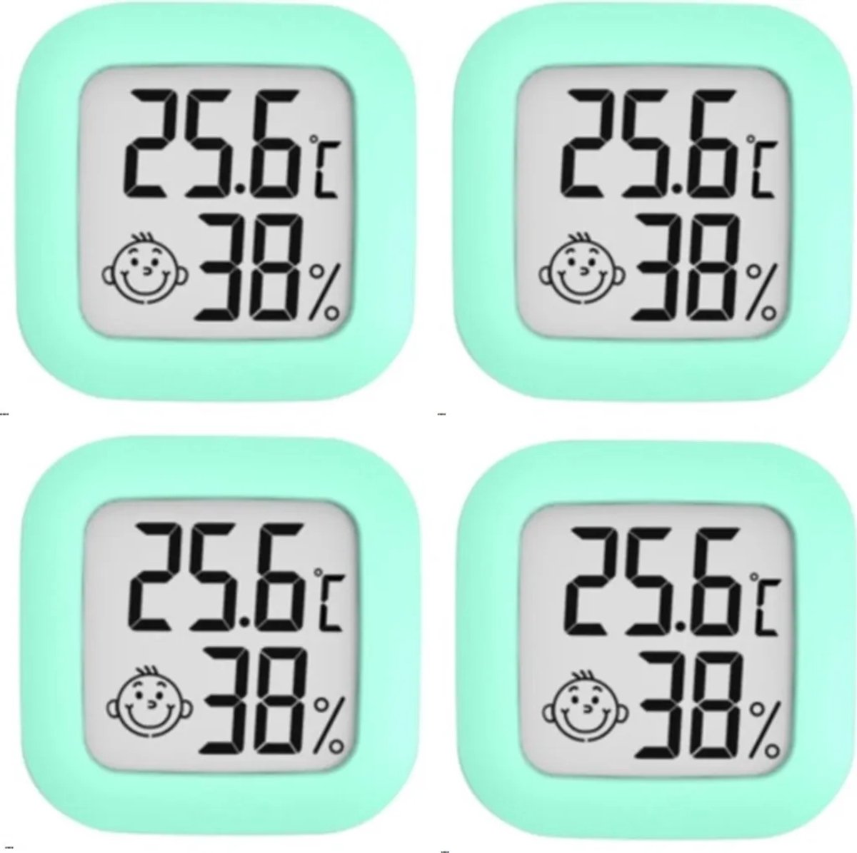 4 groene digitale thermometers en hygrometers, LCD-display thermometers en hygrometers