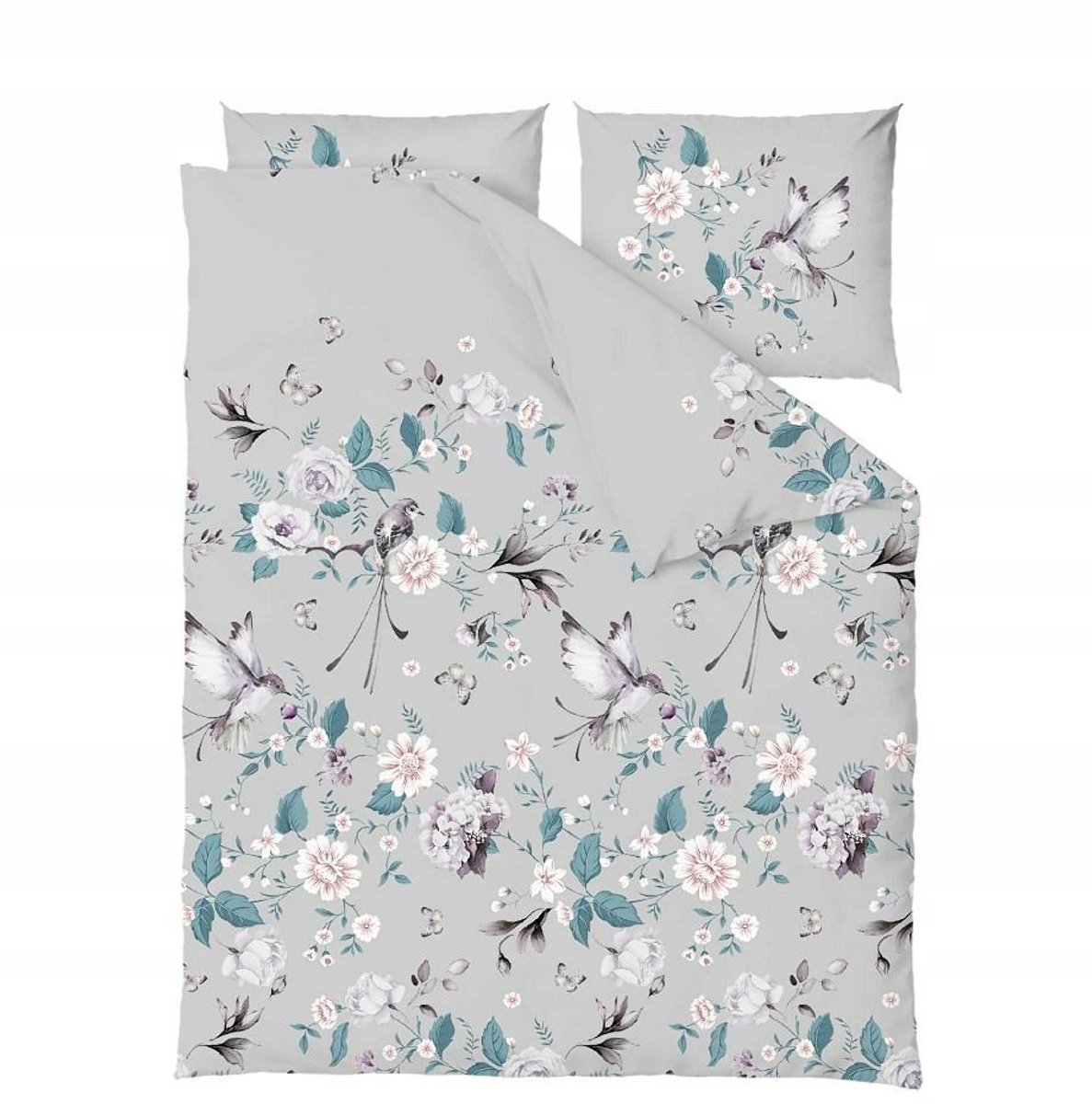 ZARATEX Katoenen Dekbedovertrek 200x220cm - Safo Grijs Bloemen & Vogels