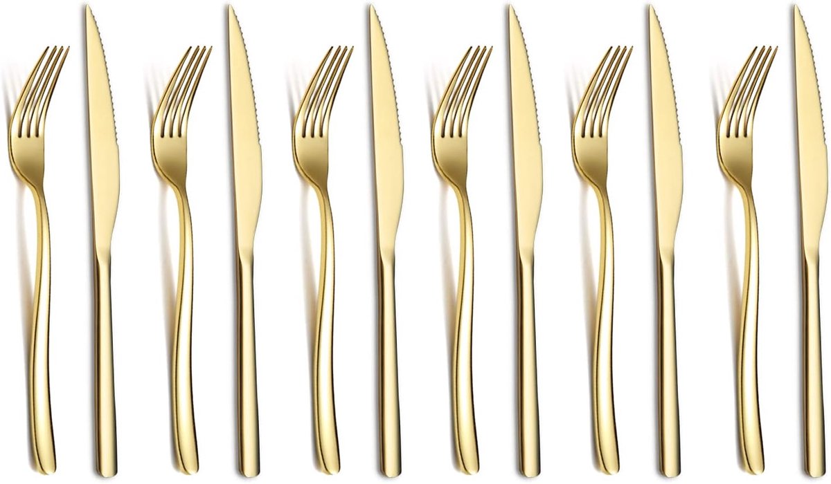 Sander Shop Goud Steakmessenset 12 Delig, Premium Roestvrij Staal 6 Dinervorken En 6 Dinermessenset, Steakmessen Steakvorken Voor 6 Personen, Vaatwasmachinebestendig (Glanzend Goud)