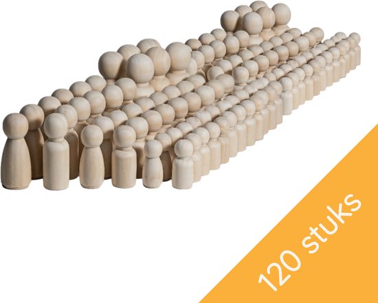 Groep van 120 naturel houten peg dolls, opgesteld in rijen.