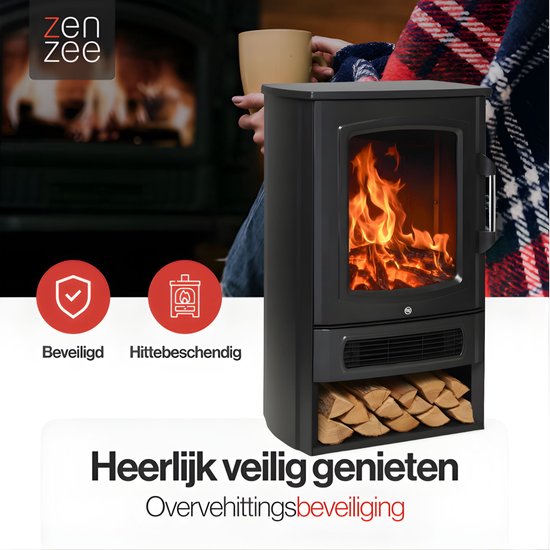 Zwarte sfeerhaard met brandend hout, houtvak en oververhittingsbeveiliging.