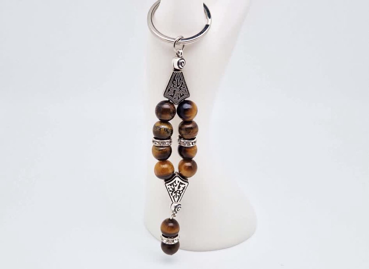 Handgemaakte Harmony Sleutelhanger van natuursteen "Tijgeroog" en metaal - diameter kralen 10mm - Aantal stenen10- Een mooi cadeau-idee en een bijzonder aandenken