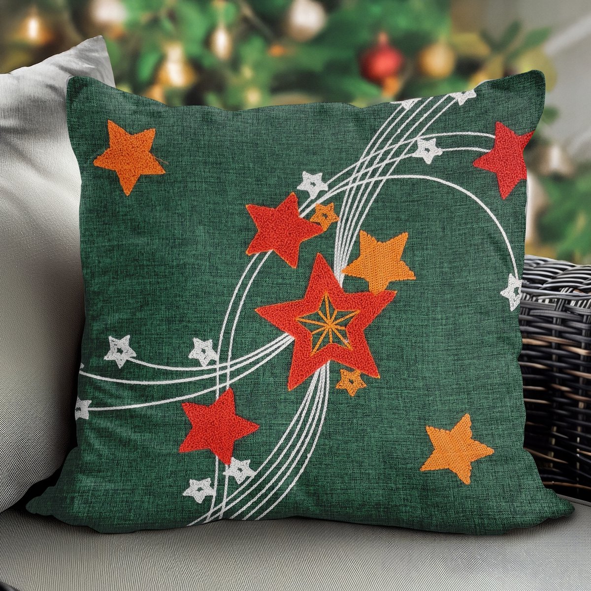 Kerst Kussenhoes 40x40cm - Sterren & Donkergroen