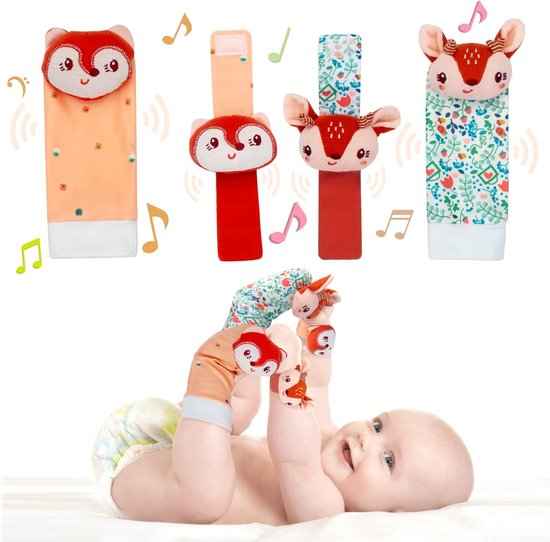 Set van vier baby speelgoedjes: twee polsbandjes met vosjes in oranje en rood, en twee enkelbandjes met vosjes en hertjes in bloemenprints.