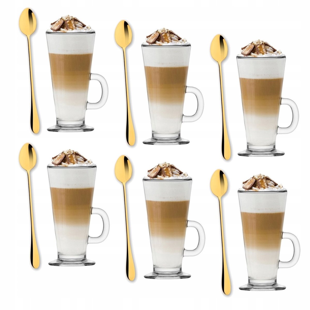 Set bevat 6 Latte Macchiato Glazen met Gouden Lepeltjes