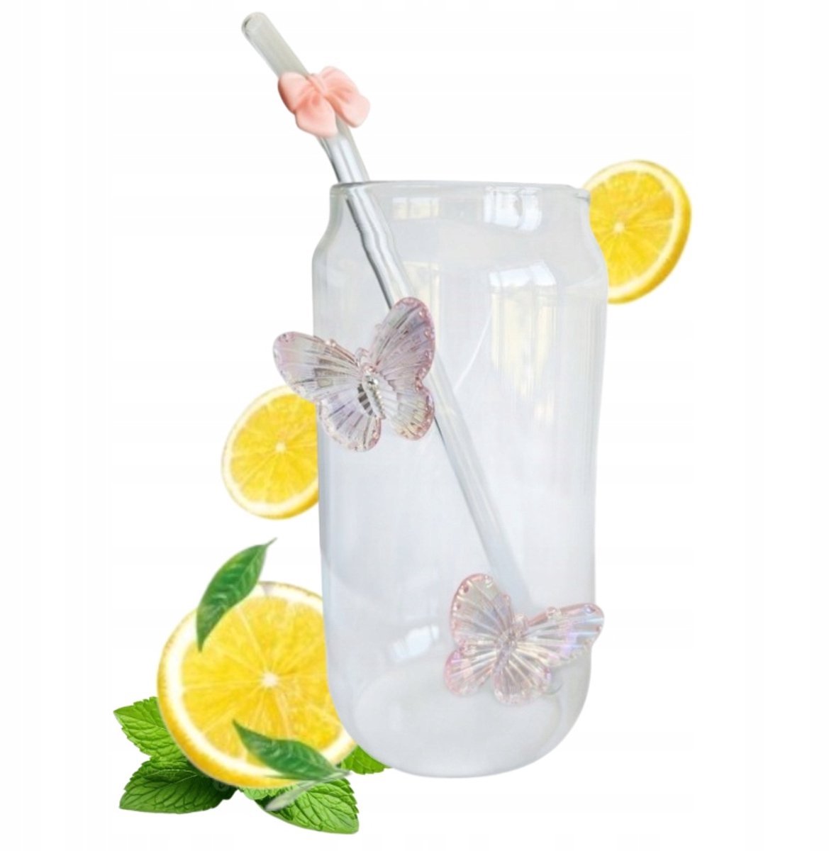 Ecarla Glazen Mok met Rietje, 3D Vlinders, 500ml