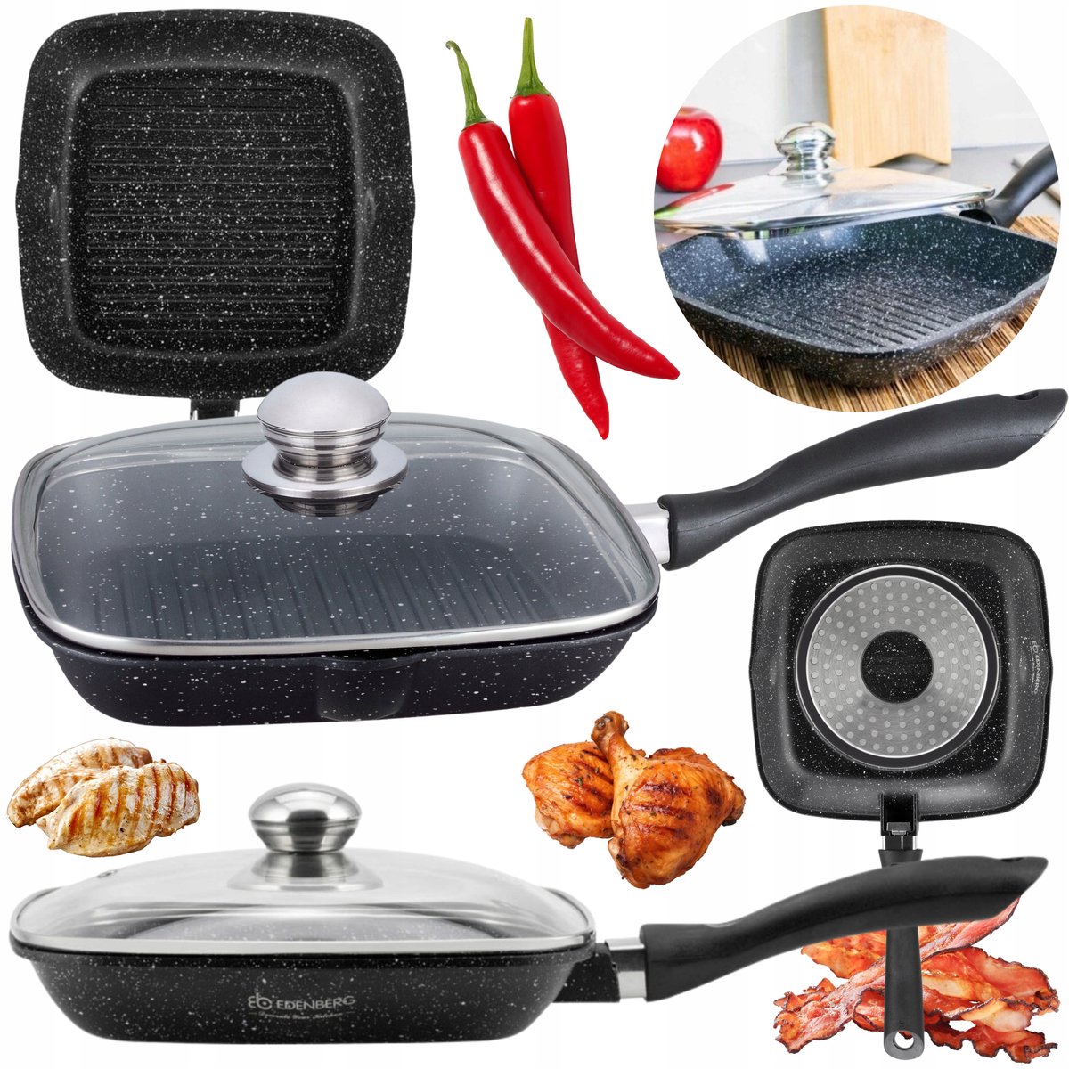 Grillpan met Marmere Coating & Deksel - 24cm - Ideaal voor Gezond Grillen