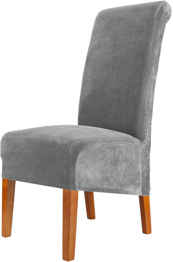 Set de 2 housses de chaise extensibles en polyester avec dossier haut, élastiques, lavables et amovibles, gris moyen.