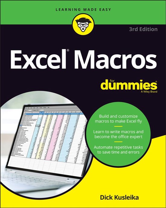 Boek "Excel Macros for Dummies" 3e editie met een laptop die een spreadsheet toont. Tekst "Build and customize macros".