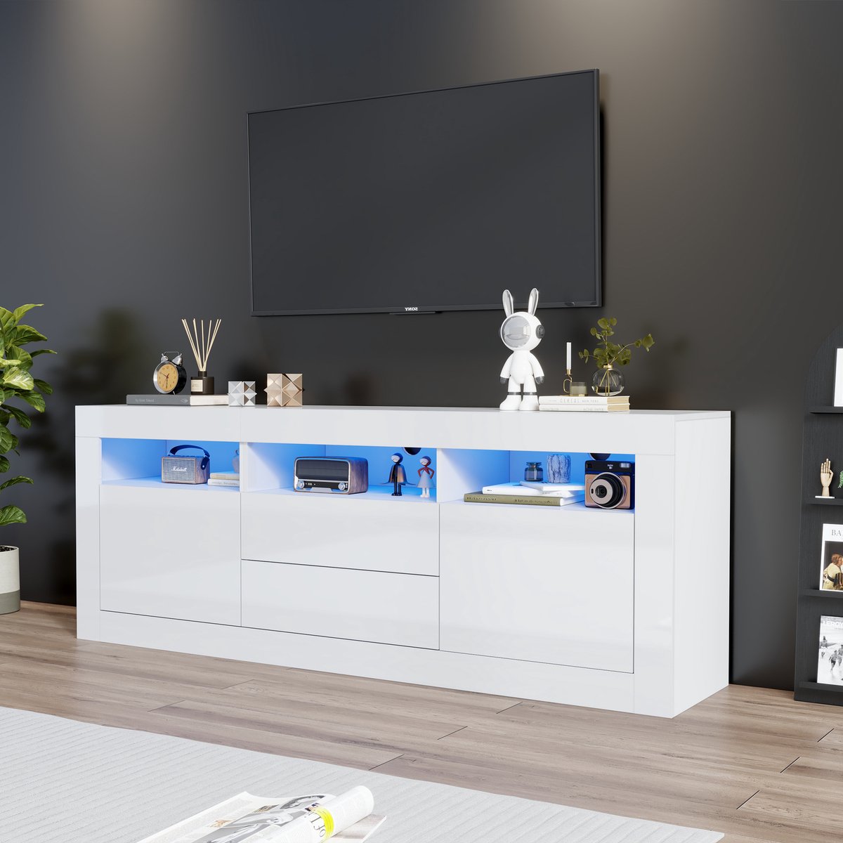 HAUSS SPOLE TV meubel - TV-kast hoogglans met LED-verlichting en Smart App bediening - Voor woonkamer en slaapkamer - 160x35x60 cm - Hout - Wit