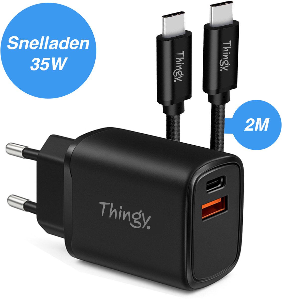 Thingy® 35W Snellader - USB-A & USB-C - Inclusief Premium 2M USB-C Kabel - Snellader - USB C Adapter - Oplader - Adapter usb c - Oplader USB-C