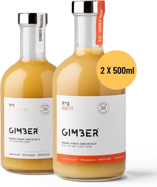 GIMBER Biologisch gemberconcentraat | Original + Brut - 2 x 500 ml | alcoholvrije biologische drank van gember