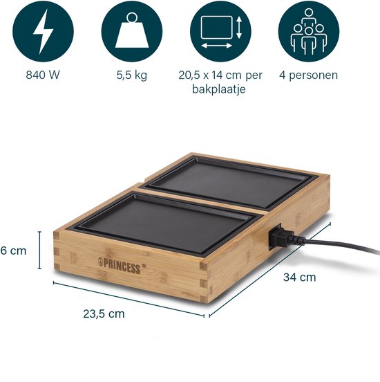 Princess Dinner4all Pure 104040 - Gourmetstel - Teppanyaki - Grill & Bakplaat - 2 meter snoer - 4 personen - Bamboe - Uit te breiden tot 10 personen — afbeelding 2