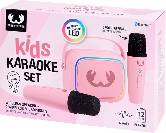 Fresh ’n Rebel Kids Draadloze Karaoke-Set – 2 Microfoons & Speaker – 12 u Speeltijd – 7-Mode LED & 6 Stemvervormers – Roze