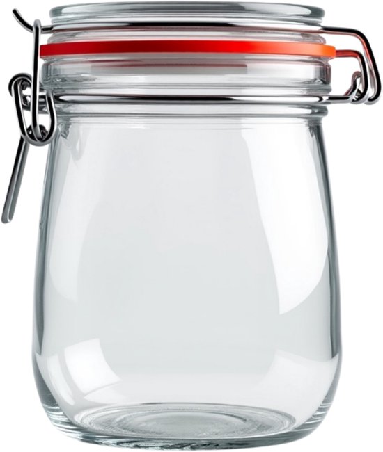 Glazen weckpot van 800ml met rode rubberen ring en zilverkleurige beugelsluiting.