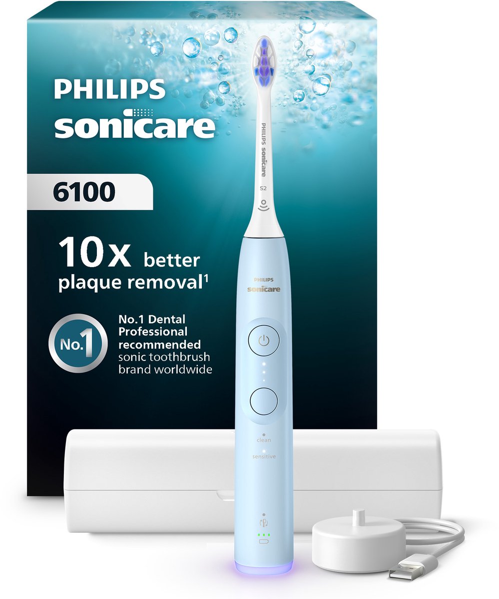 Philips Sonicare 6100 series - Elektrische Tandenborstel – Lichtblauw - Sensitive opzetborstel – Reisetui - Gevoelige tanden - HX7406/02