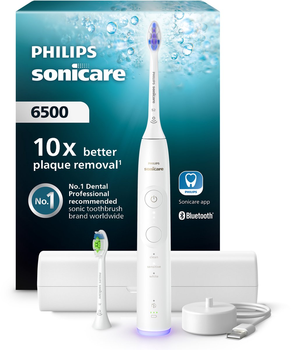 Philips Sonicare 6100 Series - Elektrische tandenborstel - Wit -Extra Optimal White Opzetborstel - Reisetui - Gevoelige tanden- HX7410/02