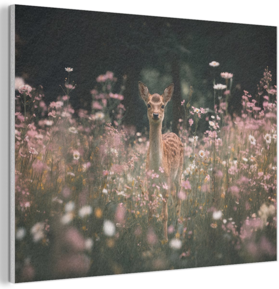 Akoestisch wandpaneel 80x60 cm - Vilt schilderij Hert - Wilde bloemen - Bos - Akoestische panelen - Geluidsdempende wanddecoratie - Geluidsisolatie woonkamer - Muurdecoratie geluidspanelen