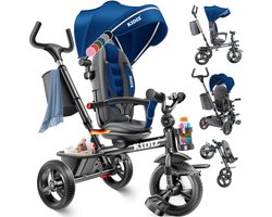 KIDIZ® Loopfiets Driewieler 5in1 Kinderfiets kinderdriewielerfiets 1 jaar vooruit en achteruit Jogger , mand tas drinkhouder zonnekap rubberen wielen, buggy fiets baby opvouwbaar driewielfiets - Blauw