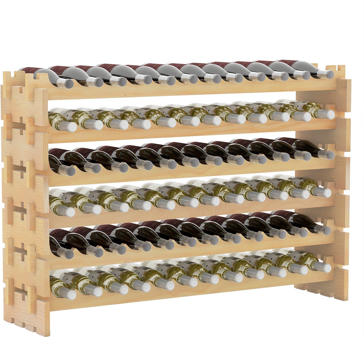 COSTWAY Wijnrek houten stapelbaar, flessenrek voor 72 flessen, wijnrek met 6 niveaus, houten rek, flessenrek voor keuken, eetkamer, bar, kelder, 119 x 29 x 72 cm
