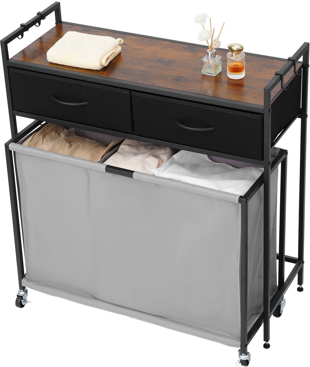 Wasmand van 3 Secties, met Wielen, Organisator met Uittrekbare Zakken, Laden, Haken en Houten Top voor Kleding en Badkameropslag