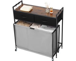 Wasmand van 3 Secties, met Wielen, Organisator met Uittrekbare Zakken, Laden, Haken en Houten Top voor Kleding en Badkameropslag