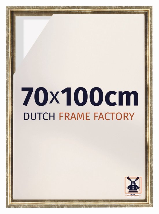 Cadre boîte antique doré avec texture patinée, avec le texte '70x100cm DUTCH FRAME FACTORY'.
