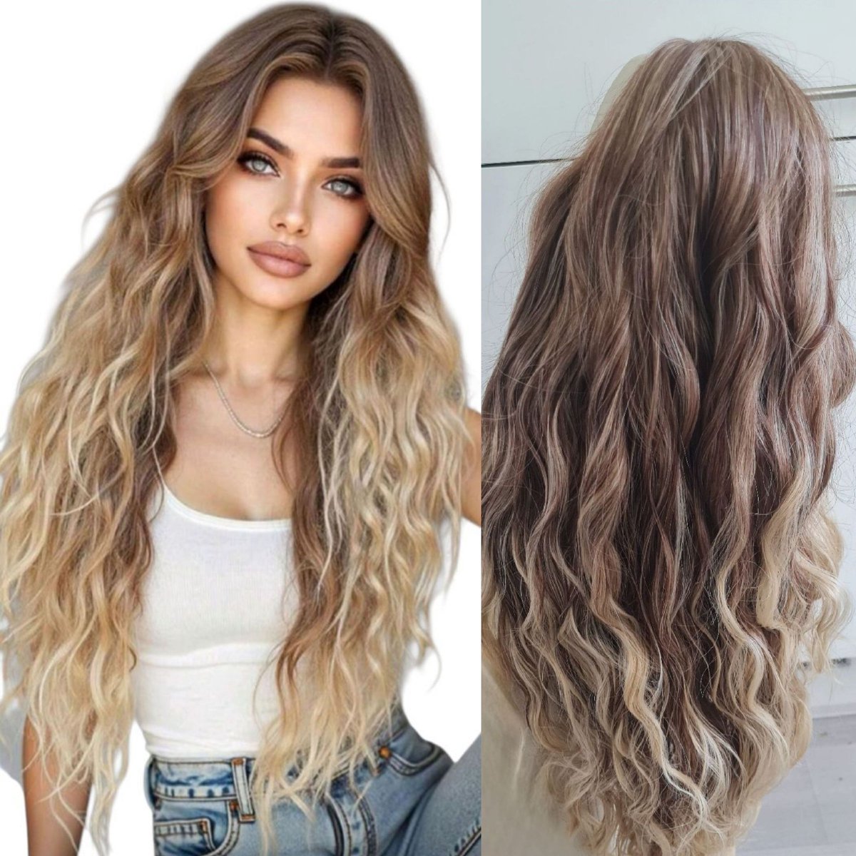 Frazimashop -Luxe lang Krul Dames Pruiken -26 inch 65 cm Hitte Bestending Pruiken - lang Krullen pruik - Dames pruiken -Kleur ombre blond en bruine