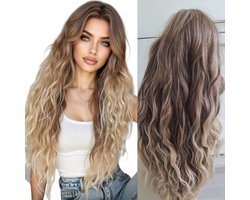 Frazimashop -Luxe lang Krul Dames Pruiken -26 inch 65 cm Hitte Bestending Pruiken - lang Krullen pruik - Dames pruiken -Kleur ombre blond en bruine