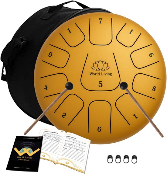 World Living Handpan - 30 cm ø - Goud - Steel Tongue Drum - Hand Klankschaal incl. Lesboek & Beschermtas - Hangdrum