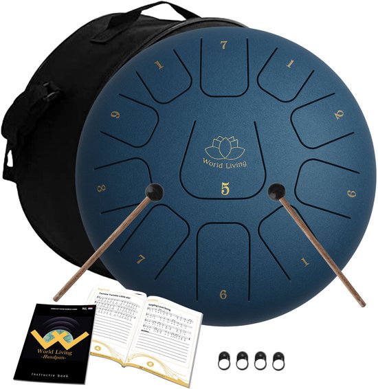 World Living Handpan - 30 cm ø - Donker Blauw - Steel Tongue Drum - Hand Klankschaal incl. Lesboek & Beschermtas - Hangdrum