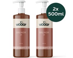 WOOOF Zalmolie hond - 1L Zalm olie - Honden Supplement - Glanzende Vacht - Gezonde Huid - Omega-3 & Omega-6 - Spijsvertering & Gewrichten - 1L