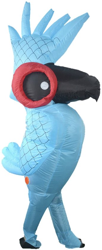Blauw opblaasbaar paradijsvogelkostuum met zwarte snavel, rode oren en zwarte ogen.