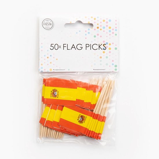 50x vlaggetjes van Spanje op houten prikkers.