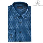 Chris Cayne overhemd met lange mouwen, blauw met een all-overprint van kleine vierkantjes met bloemmotief, knoopsluiting en borstzak.
