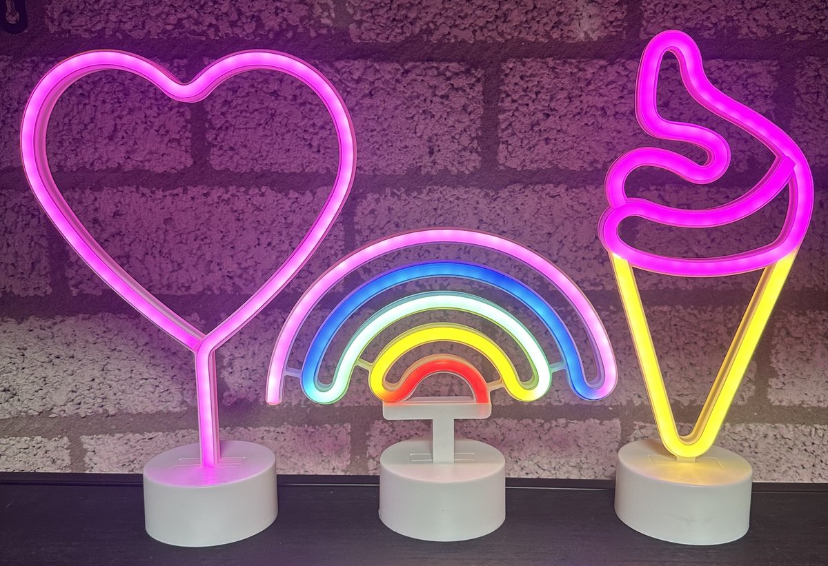 LED lampen met neonlicht - Set van 3 stuks - Hart/Regenboog/IJsje - roze/multicolour/roze+oranje neon licht - Werken op batterijen en/of USB - Tafellamp - Nachtlamp - Decoratieve verlichting - Woonaccessoires