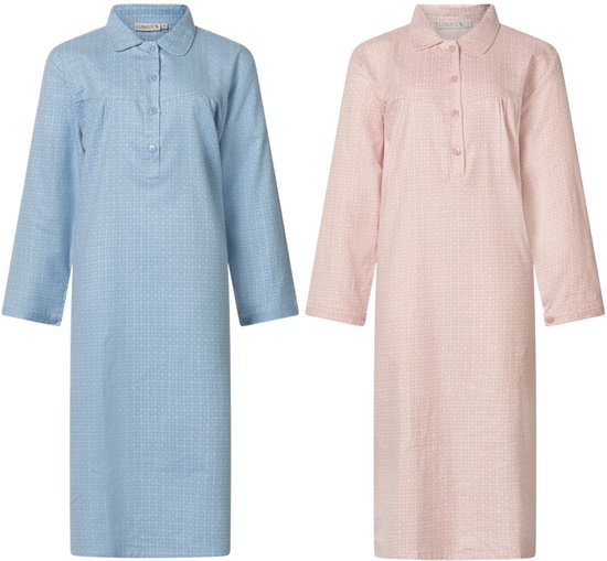 Lunatex - 2 klassieke dames nachthemden 643778 met knoopsluiting - flanel - blauw en roze - maat L