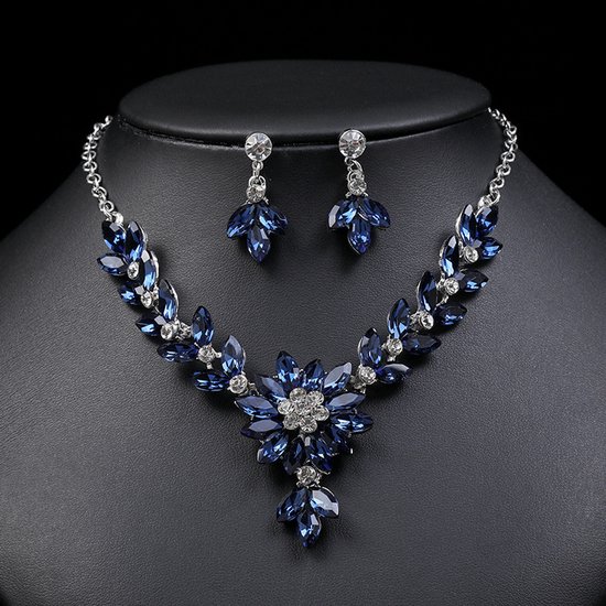 Parure de bijoux / Collier et boucles d'oreilles Vintage en cristal, deux pièces, Blauw