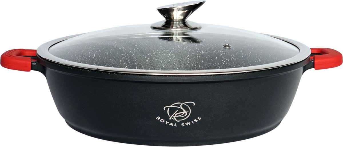 Royal Swiss® Kookpot Ø36 cm – 7L – Grote Braadpan met Marmeren Antiaanbaklaag & Steencoating – Met Glazen Deksel – Geschikt voor Inductie & Alle Kookplaten