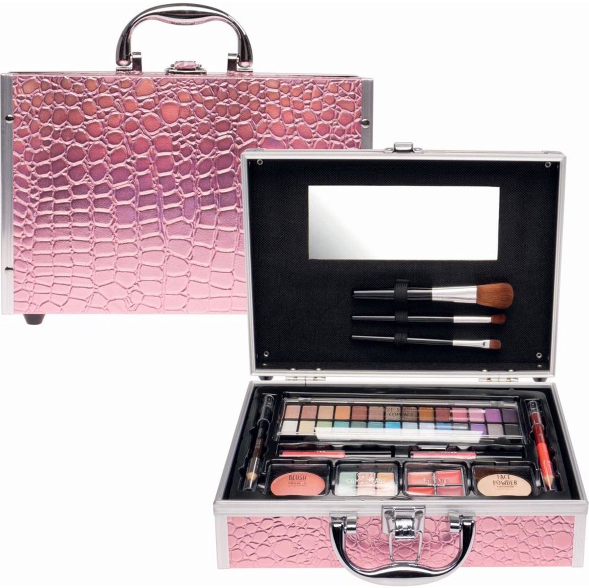 Casuelle make up koffer alu 46 delig, roze krokodilprint,28 oogschaduw kleuren en 2 dubbelzijdige applicators, 1 rouge, 1 gezichtspoeder, 4 lip shimmer, 2 lipstick, 1 dubbelzijdig lippotlood, 1 dubbelzijdig oogpotlood, 1 spiegel, ...